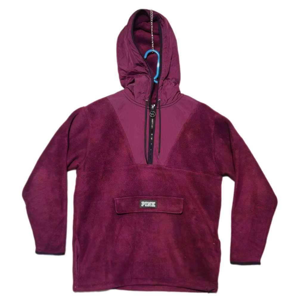 PINK VICTORIAS SECRET Womens M Burgundy Plush Sherpa Quarter Zip Hoodie Pullover